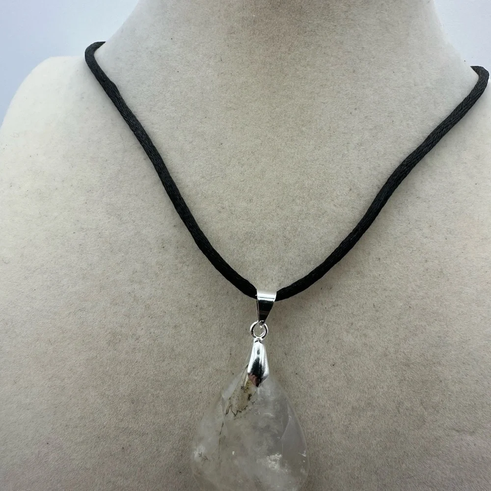 Dendritic Quartz Teardrop Pendant Necklace on Black Satin Tope
